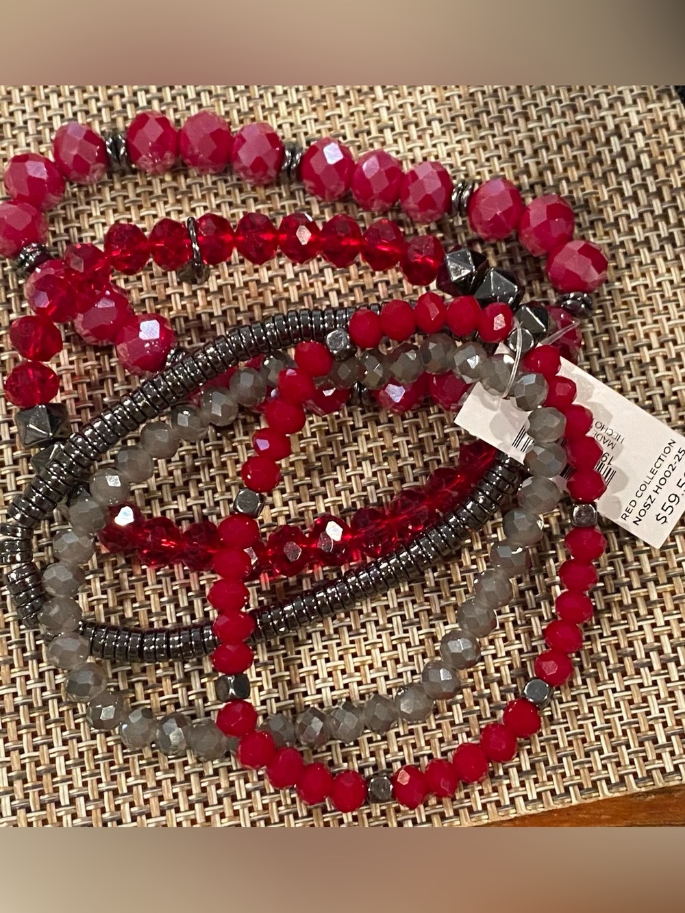 5 piece Faceted Red w/ Gray and Black Stretch Beaded Bracelet Set. NWT MSRP $59